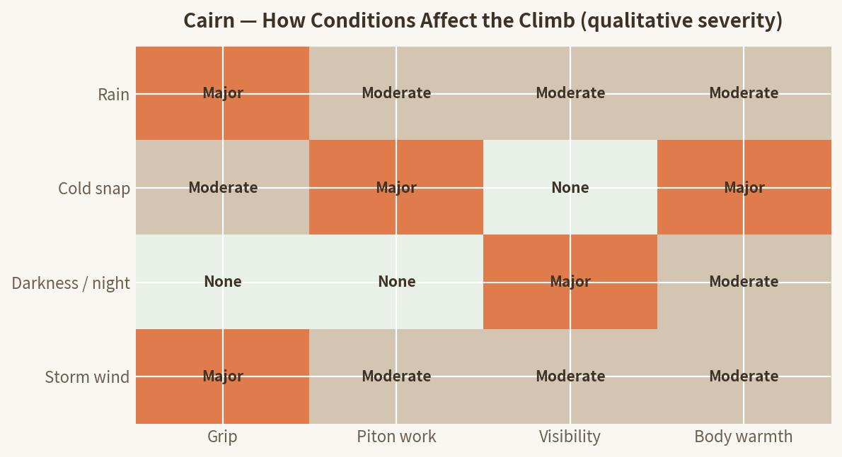 Heatmap matrix of how Cairn's weather conditions affect climbing: rain has major grip impact, cold snap has major piton-placement and warmth impact, darkness has major visibility impact, and storm wind has major grip impact.